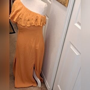 Honey Belle Mustard One Shoulder With Ruffled Sleeve Maxi Dress  Size L